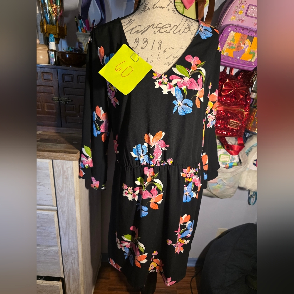 A New Day Black Floral Dress With Bell Sleeves Size Large